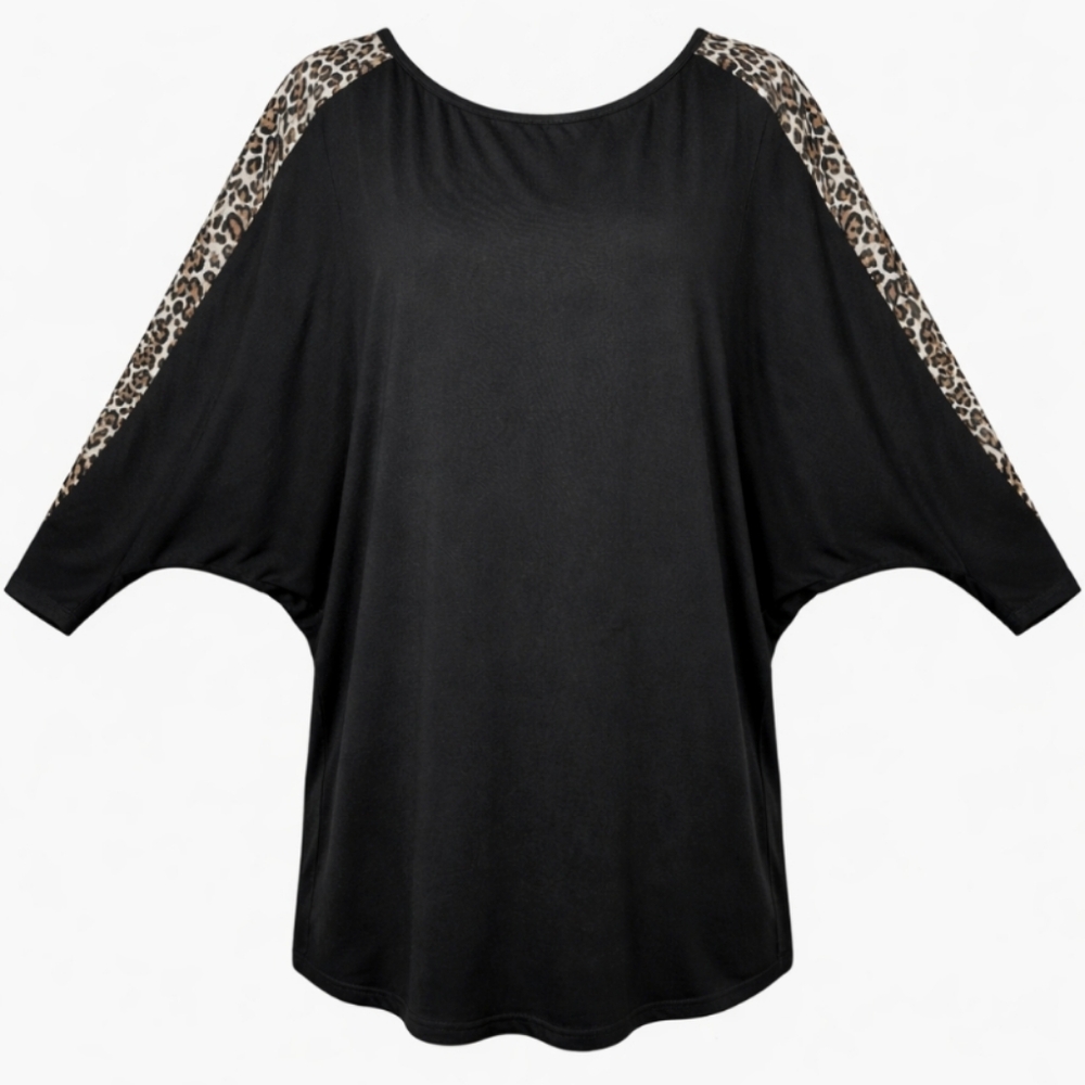 Leopard Print Batwing Sleeve Tunic Black